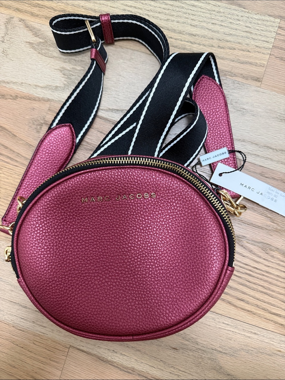 Marc Jacobs Berry Textured Leather Round Crossbody with Striped Strap